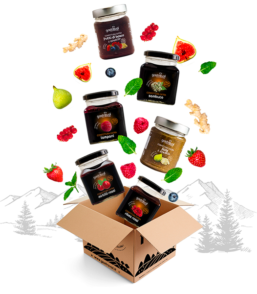 scatola di cartone con vasetti marmellata di vari gusti
